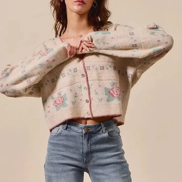 SO ME‎ Floral Pattern Long Sleeve Button Sweater Cardigan